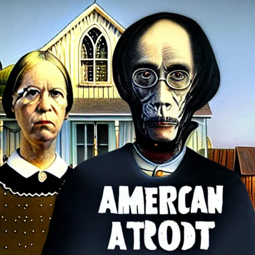 Prompt: american gothic, but with xenomorphs