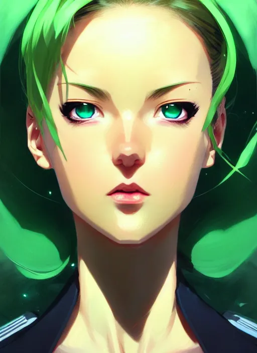 Image similar to a comic portrait of cammy, fine - face, realistic shaded perfect face, fine details. green - ish cosmic setting. very anime style. realistic shaded lighting poster by ilya kuvshinov katsuhiro, magali villeneuve, artgerm, jeremy lipkin and michael garmash, rob rey and kentaro miura style, trending on art station