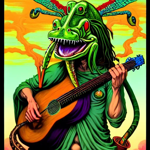 Image similar to amphibious pagan hippy god with crocodilian head and mantis wings. he holds a guitar and smokes a coconut pipe. vivid tones. smooth concept art, 4 k matte portrait by rebecca guay and dan mumford, trending on artstation, pagan wicca. delightful charming digital painting