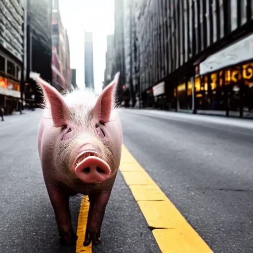 Prompt: award - winning hyperdetailed photograph of a giant!!!!!! pig walking across a city, 4 k, 8 k, high quality