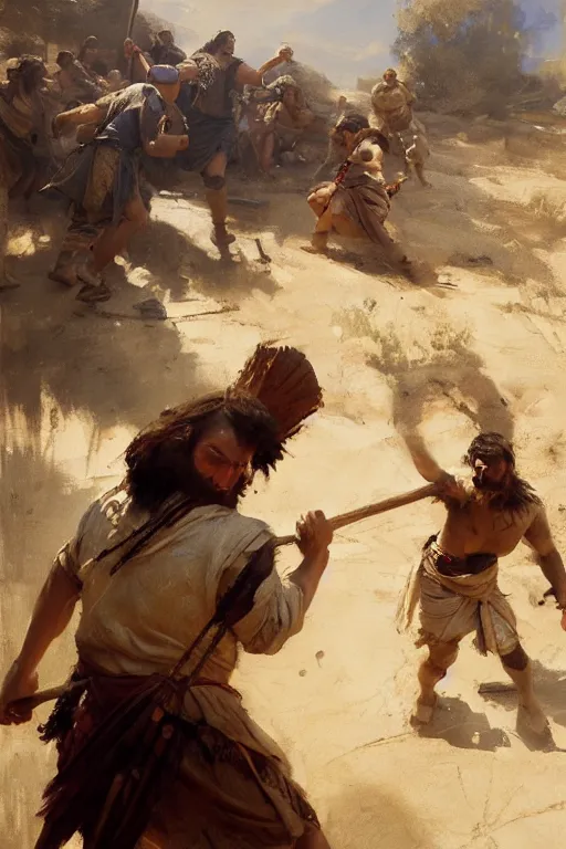 Prompt: ancient biblical israeli young man david slinging a stone at the philistine giant goliath of gath in battle by anders zorn, wonderful masterpiece by greg rutkowski, beautiful cinematic light, by greg manchess, jessica rossier