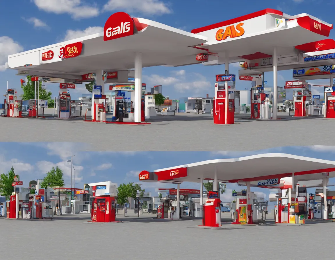 Prompt: hyper realistic 3 d rendering of gas station isolated on white background, hd, hdr, ultra detailed, high resolution