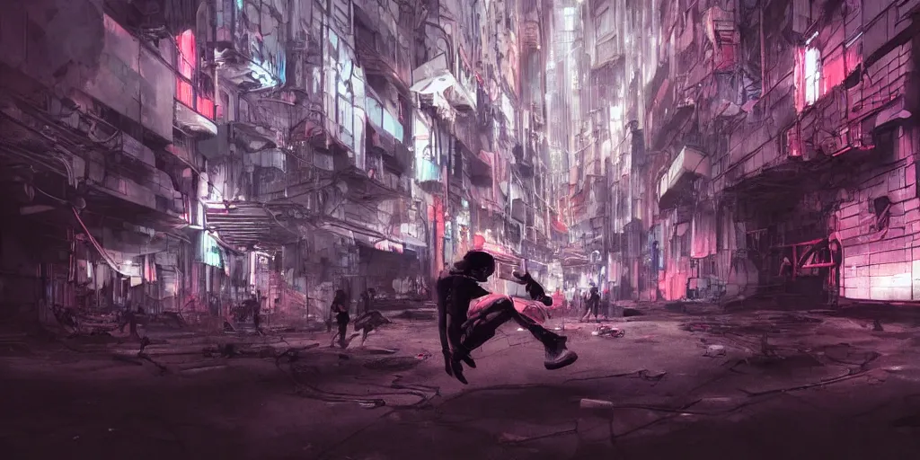 Prompt: cinematic shots of teenagers with tech clothing and hoods and tactical masks doing risky parkour inside the huge industrial sewers of a dystopian city, neon lights, sci - fi, night lights, haze, concept art, intricate, in the style of katsuhiro otomo, akira, unreal engine