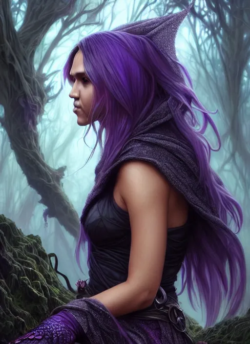 Prompt: portrait jessica alba, adventurer outfit large cloak, fantasy forest landscape, dragon scales, fantasy magic, undercut hairstyle, short purple black fade hair, dark light night, intricate, elegant, sharp focus, illustration, highly detailed, digital painting, concept art, matte, art by wlop and artgerm and greg rutkowski and alphonse mucha, masterpiece