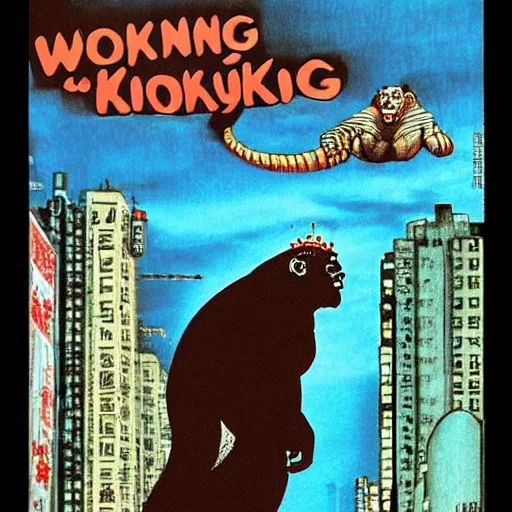 Prompt: glossy old advertising poster, king kong walking through crowded hong kong street, horror, drawn comic by junji ito, pastels, gradient