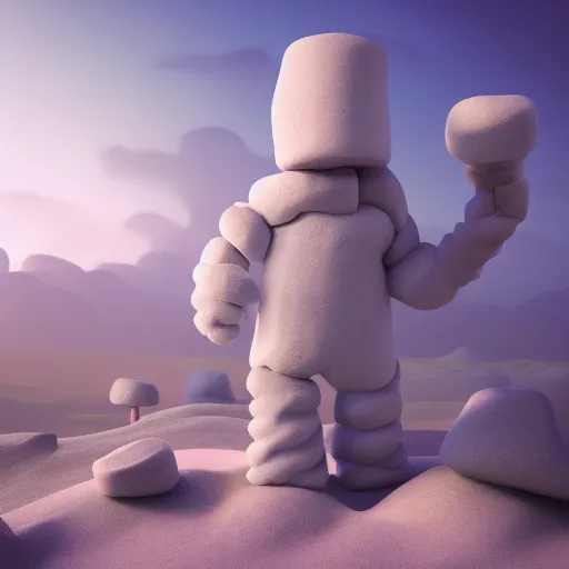 Image similar to A Marshmallow Golem wandering a candy landscape, mystical, mysterious, magical, Octane Render, Raytracing, 135mm camera lens