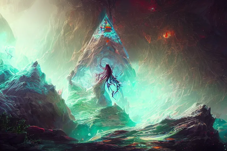 Image similar to Ocean cut humanoid skinny gnarled triangle pyramid levitation roots radiant gas bridge destroyed bottle eyes bright point castle sky planet fractal hair impact, inspired by Peter Mohrbacher, radiant colors, trending on artstation, volumetric lighting, intricate, ornate, CGsociety