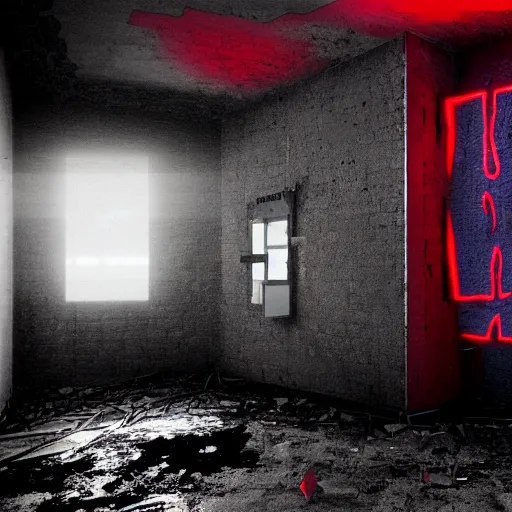 Prompt: cctv of an extremely dark empty abandoned building with glowing humanoid cryptid made out of television static, dark deep black shadows, red and black color contrast in the style of trevor henderson, liminal space, 3 d octane render, glitch effect