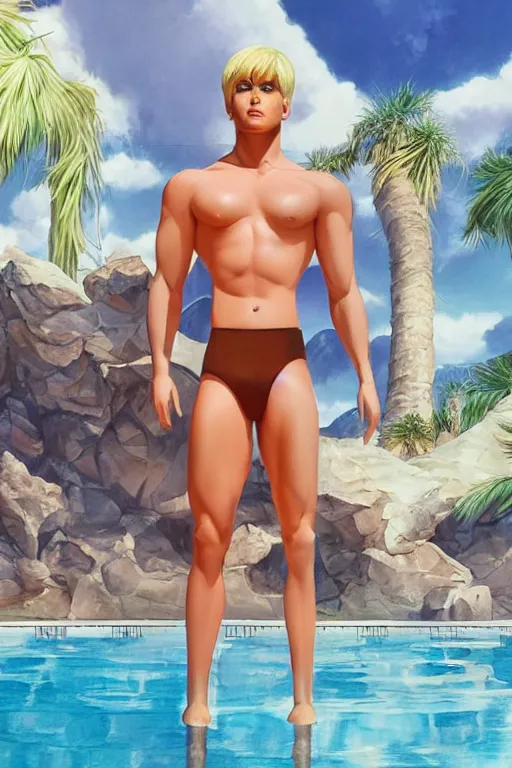 Image similar to a handsome man with blonde hair, ken doll, male android, muscular, wearing a cut-off white top and short light orange shorts, stands by a swimming pool, facing forward, in the style of artgerm and moebius and annie liebovitz, photorealistic, highly detailed, trending on artstation