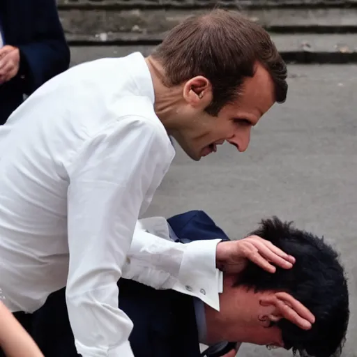Prompt: A photo of Macron fighting against geant vegetable, scene of chaos..