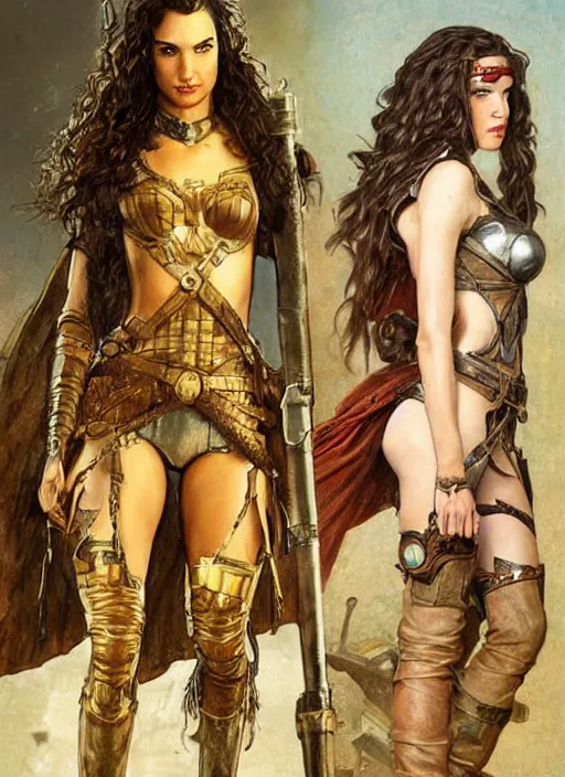 Image similar to highly detailed steampunk gal gadot standing, steel age : leonardo da vinci, greg rutkowski, magali villeneuve