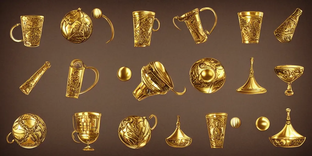 Prompt: magic, cups and balls, gold, ornate, detailed, realistic