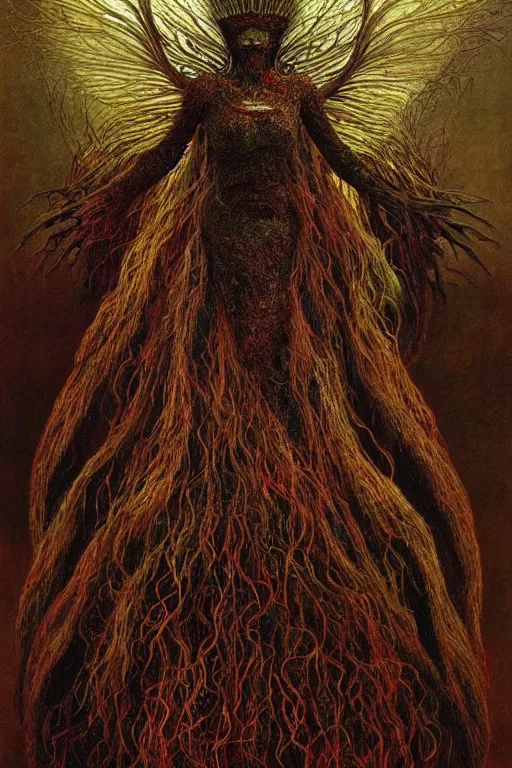 Image similar to cosmic horror eldritch lovecraftian full body portrait of eva green as the emerald queen of feathers by wayne barlowe, agostino arrivabene, denis forkas