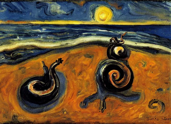 Image similar to a snail on the beach under the moon, by chaim soutine