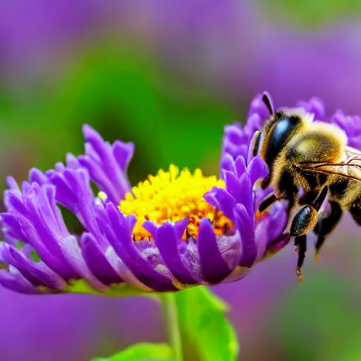 Prompt: a bee landing on bright purple flowers with a yellow center, close up dslr photo