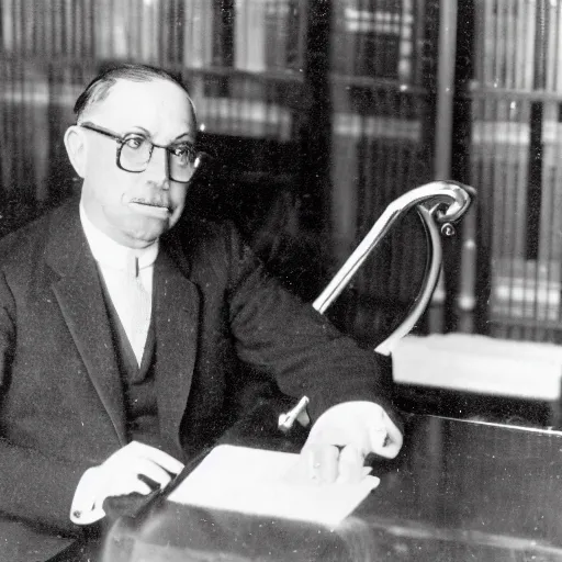 Prompt: a rutgers university president looking wistfully at a gold - headed cane displayed in his office, 1 9 2 2