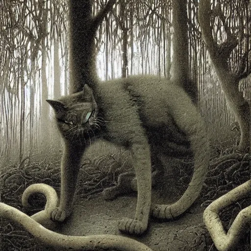 Prompt: An evil cat inside a rainforest, eerie, by Beksinski