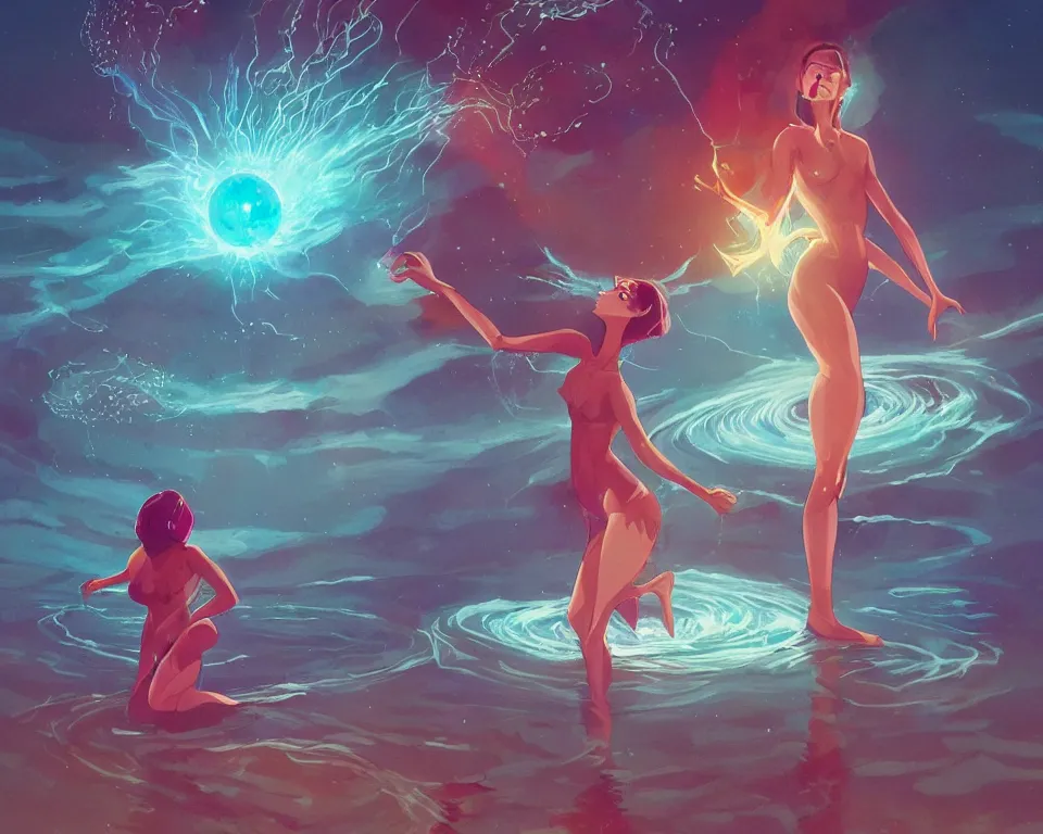 Prompt: beautiful determined goddess standing in a lake basking in the moonlight, conjuring a demon, underneath a multi-colored binary blackhole with an accretion disc, glowing trails following her arms, wearing professional makeup, acidwave, by Lois van Baarle, by Greg Rutkowski, by artgerm, by beeple, by studio ghibli, cinematic angle, volumetric lighting, 4k resolution, octane render, trending on artstation, masterpiece