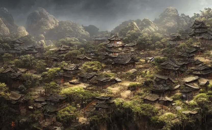 Image similar to highly detailed environment concept art of old, ruined, japanese village from sengoku period, surrounded by dense rock formations, high in mountains, cinematic lighting, photobash, raytracing, volumetric lighting