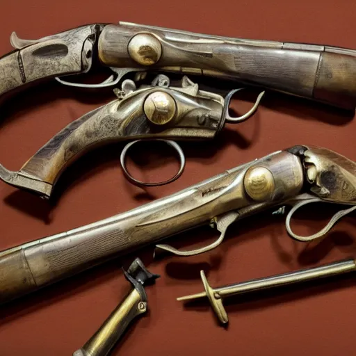 Prompt: a very detailed photo of george washinton's two flintlock pistols, museum, 8k, studio lighting,photograph, shot on iphone, 2022, full view, wideshot