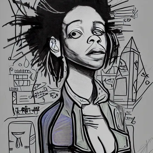 Prompt: a sketch drawing, ultra detailed, proportional, attentive, magic, love, beautiful woman, surreal city, in style of jean - michel basquiat, trending on artstation