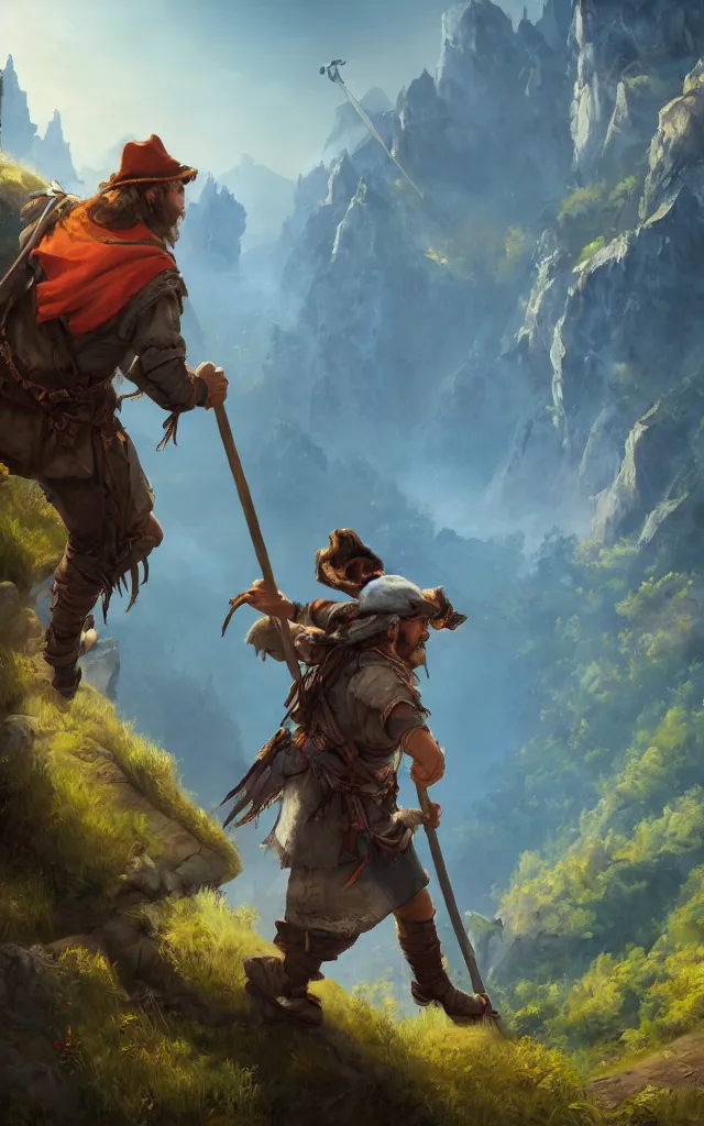 Image similar to an oil art painting of young handsome fool adventurer with hobo stick bindle rucksack, grim gwent card, gipsy mage adventurer character design from inquisition, climbing up a cliffside, 4 k, ultra detail, volumetric lighting, unreal engine, octane render