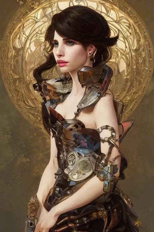 Image similar to emma roberts a baroque steampunk, augmented cyborg, half body, d & d, fantasy, intricate, elegant, highly detailed, colorful, vivid color, digital painting, artstation, concept art, art by artgerm and greg rutkowski and alphonse mucha and ruan jia