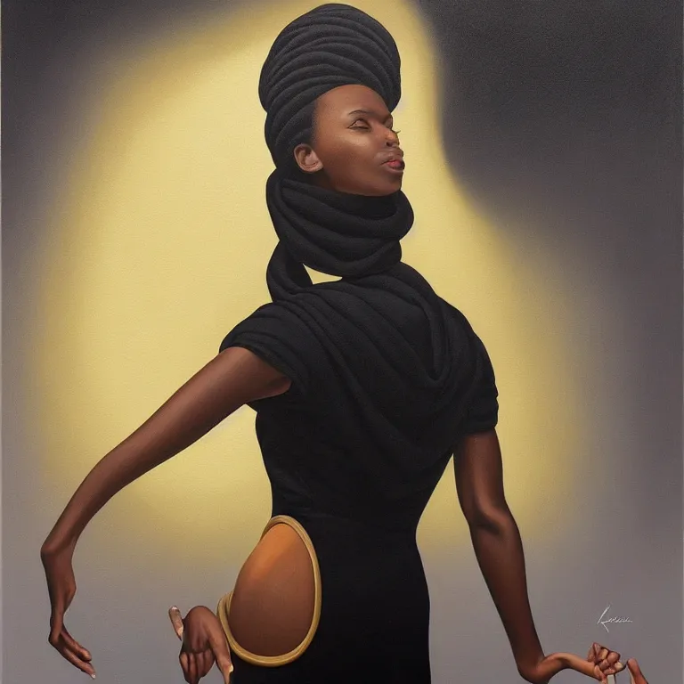 Image similar to a painting of a woman wearing a black dress, a portrait by kadir nelson, trending on cgsociety, afrofuturism, hyper realism, detailed painting, rococo