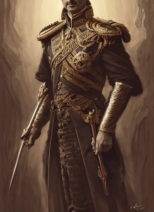 Image similar to portrait of lord john oliver as stoic king, royalty, extravagant, lord, full body, military uniform, fantasy, intricate, elegant, beautiful, highly detailed, charcoal, centered, dark, smokey, digital painting, artstation, concept art, art by artgerm and greg rutkowski and alphonse mucha