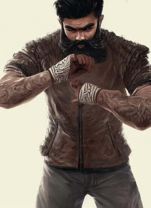 Image similar to a highly detailed illustration of bearded asian man wearing leather jacket with bandaged right hand, focused boxing philly shell stance pose, hands shielding face, intricate, elegant, highly detailed, centered, digital painting, artstation, concept art, smooth, sharp focus, league of legends concept art, WLOP