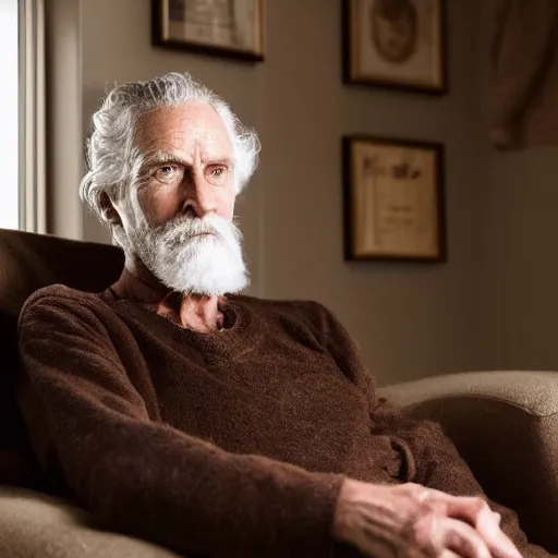 Image similar to cozy picture of older handsome lord richard is sitting gracefully on a sofa, his eyes look wise, happy wise