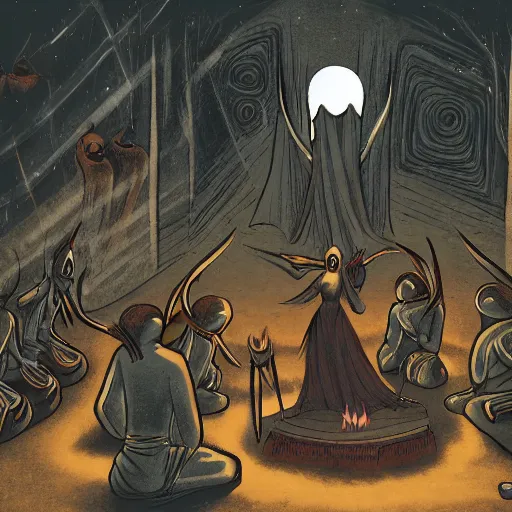 Prompt: cultist ritual in a crowded alien temple, dark vintage sci fi, illustration