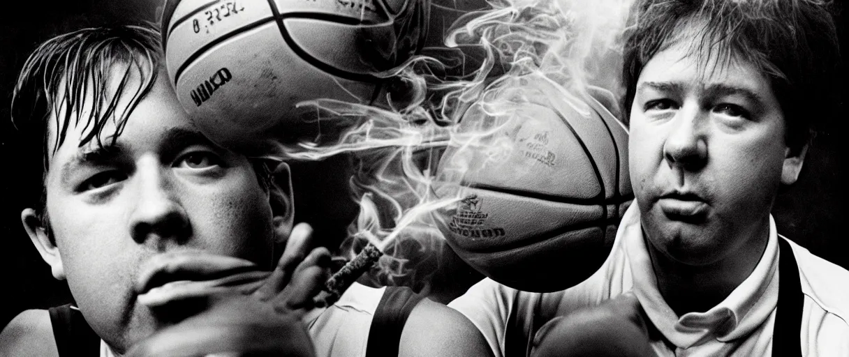 Image similar to award winning photo of bill hicks playing basketball in the hood and smoking weed, vivid colors, happy, symmetrical face, beautiful eyes, studio lighting, wide shot art by Sally Mann & Arnold Newman