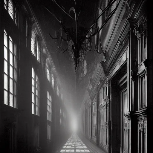 Image similar to a long hallway of mirrors. victorian interior, with many mirrors, spiders and spiderwebs everywhere, elegant design, haunting atmosphere, dark lighting, gothic, horror style, scary, swirling fog, volumetric lighting, by greg rutkowski, dutch angle,