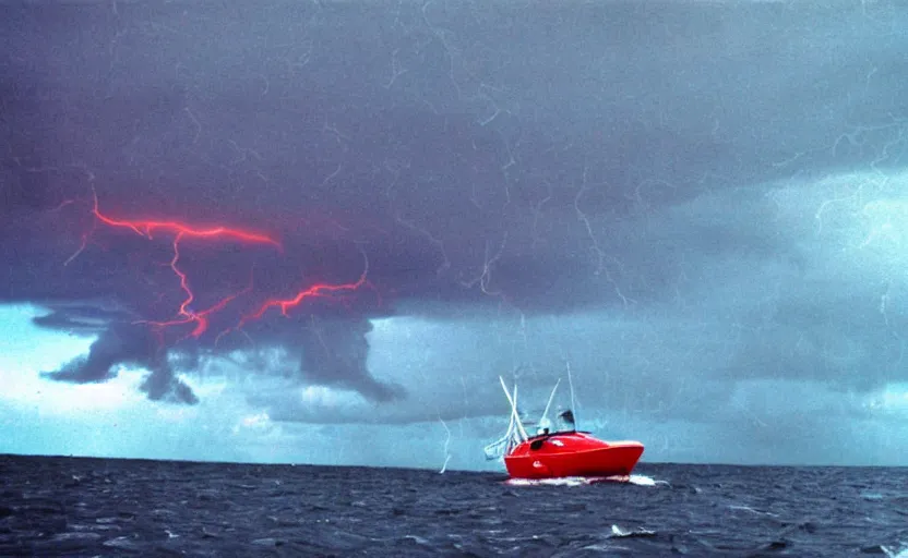 Image similar to small boat caught in a storm, red lightnings, tornado, 1995 photo