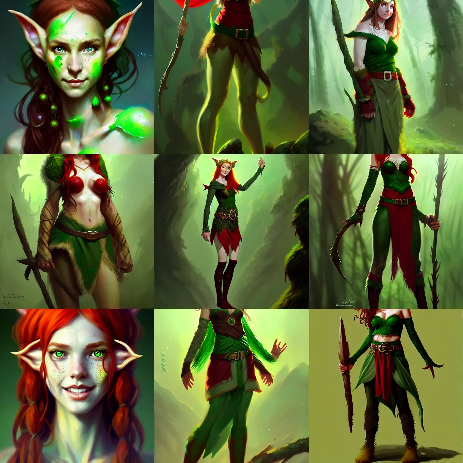 Prompt: full body portrait of elf druid, feminine, smiling, freckles, green eyes, red hair, tall, digital painting, trending on artstation, concept art, sharp focus, illustration, art by wlop and artgerm and greg rutkowski