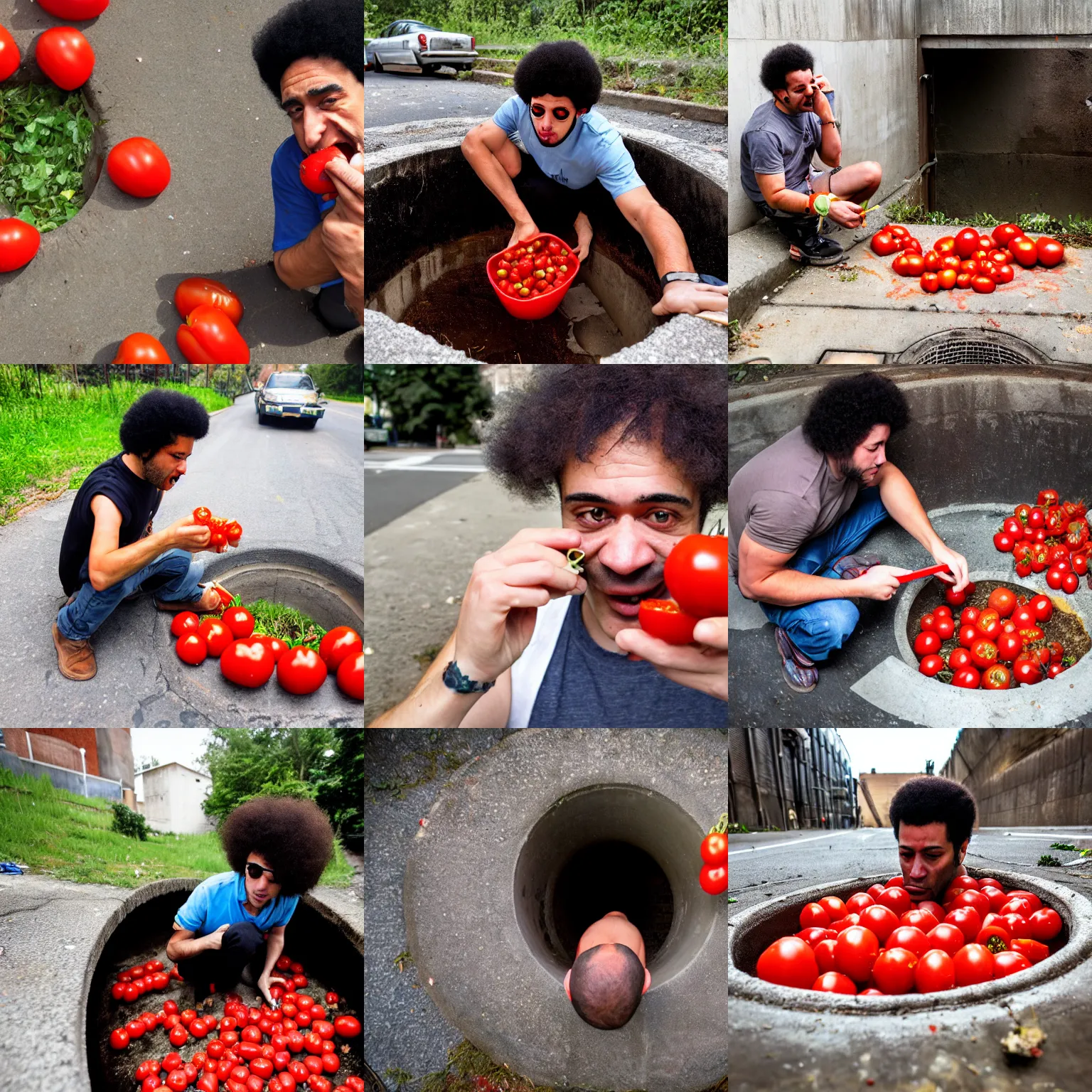 Prompt: james ferraro eating tomatoes inside a sewer