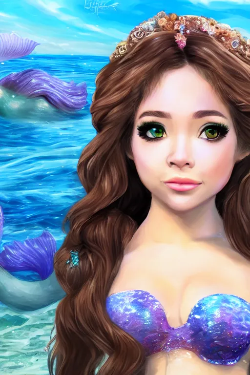 Image similar to pokimane in a mermaid outfit fantasy, highly detailed face, 8 k