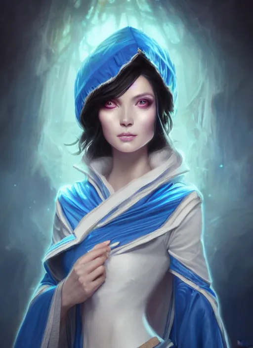 Prompt: daguerreotype of beautiful 4 0 years old mesmer lady, tight robes, metallic accents, magic, white skin, brunette, blue glowing eyes, high fantasy, gw 2, highly detailed, smooth, sharp focus, digital illustration, by rossdraws, frank franzzeta, artgerm