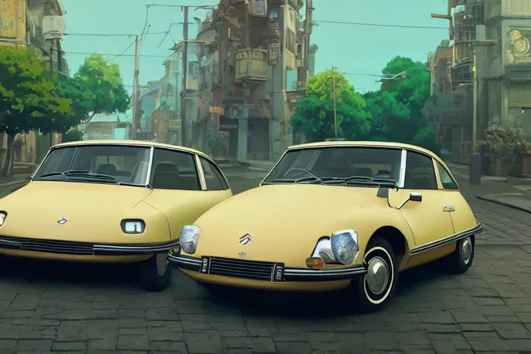 Image similar to a wholesome animation key shot of!! one!! focused! 1 9 7 4 citroen ds! in the street, medium shot, studio ghibli, pixar and disney animation, sharp, very detailed, high resolution, rendered in unreal engine 5, anime key art by greg rutkowski, bloom, dramatic lighting