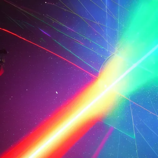 Prompt: rainbow lasers converging into a distant point in space, perspective, hyperrealistic, volumetric lighting, featured on artstation, highly detailed, 8 k