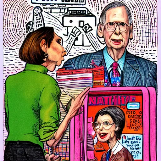 Image similar to The Artwork of R. Crumb and his Cheap Suit Mitch McConnell and Nancy Pelosi go shopping, pencil and colored marker artwork, trailer-trash lifestyle