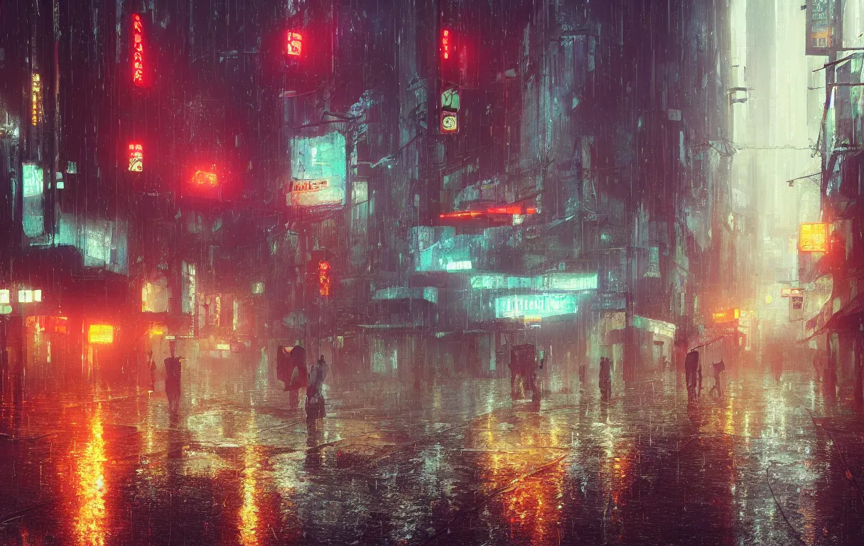 Image similar to A digital painting of a close-up view of a raining cyberpunk street in Guangzhou, some street lights and padestrians, by Ismail Inceoglu and Caspar David Friedrich, 4k, ue5, light effect, rtx on, realistic, cinematic, trending on artstation