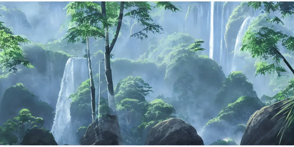 Prompt: misty japanese bamboo forest, cell shaded, huge waterfall!!!!!, large rocky mountain, rule of thirds, sunny, cartoony, drawing, stylized anime, sun rays, soft, by hayao miyazaki, ghibli studio, makoto shinkai, toei animation, studio trigger, trending on artstation, 4 k, hd