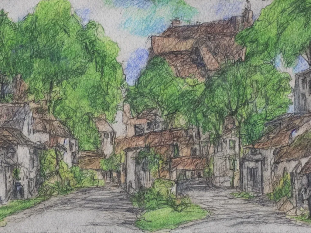 Image similar to a street in a old small village, some foliage, color pencils and watercolor, detailed