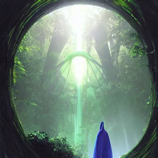 Image similar to portal in a middle of a lush futuristic forest, alien world seen through a portal, person in a cloak standing in front of a portal, syd mead, john harris