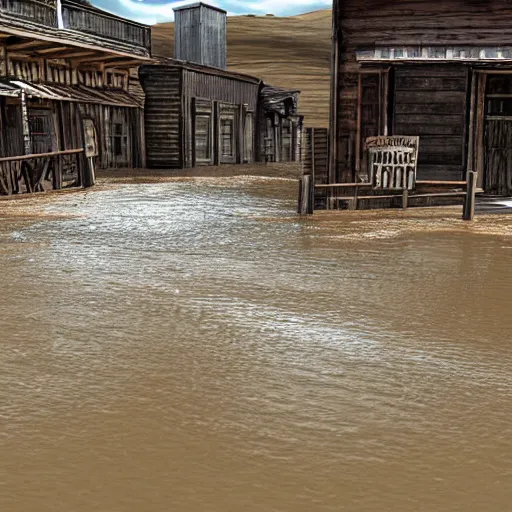 Prompt: flood Abandoned Wild West town at high noon, hyperrealistic