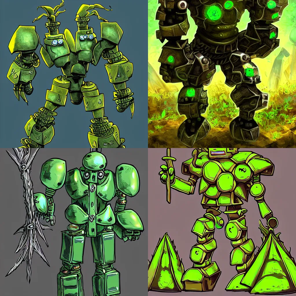 Prompt: A dungeon & dragons character that is a pacifist robot made from roots and metal and wears a green cape made of leaves, digital art