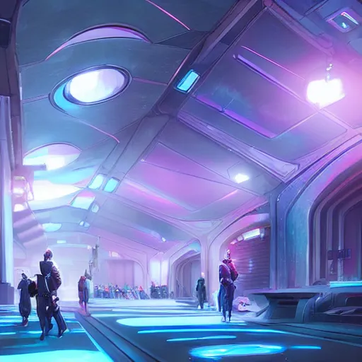 Image similar to hyperrealistic futuristic convention hall with various alien species, very detailed, technology, cyberpunk, dark blue and pink volumetric light, cgsociety, in the style of artgerm and artstation