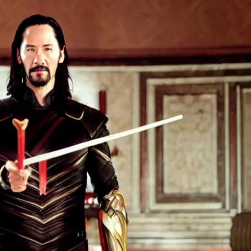 Image similar to film still of Keanu Reeves as Loki holding scepter in Loki tv show